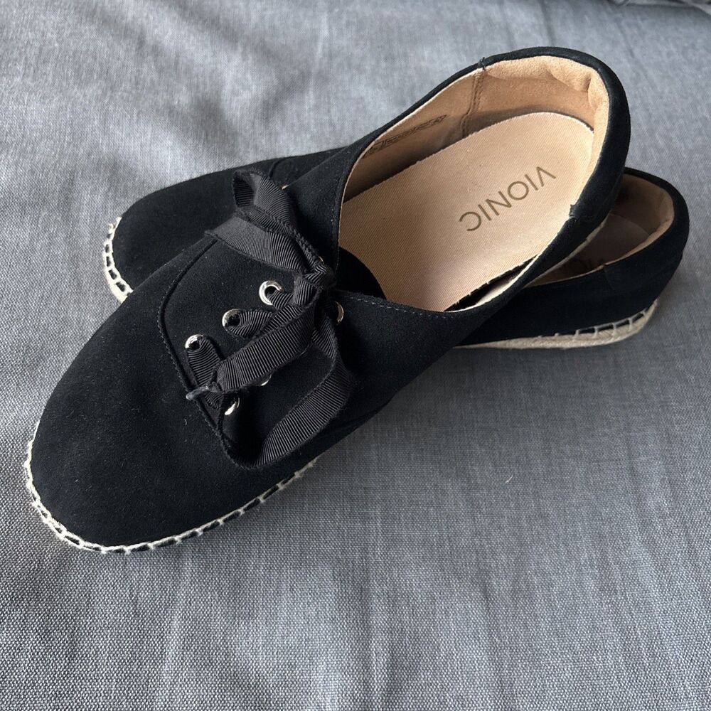 Vionic Sandy Black Suede Casual Sneaker Flat Ribbon Size 10 M Comfort Arch